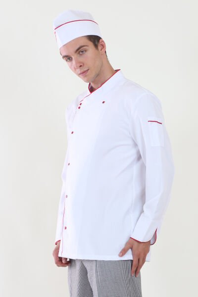 Erkek Kırmızı Biyeli Beyaz Aşçı Ceketi S - Beyaz