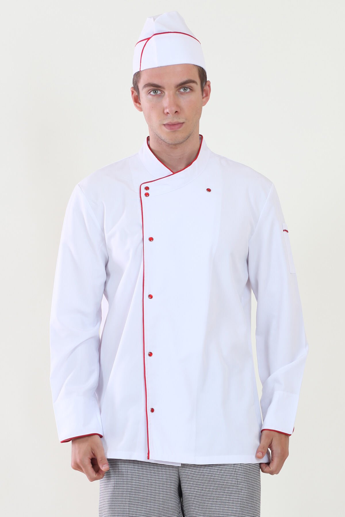 Erkek Kırmızı Biyeli Beyaz Aşçı Ceketi S - Beyaz