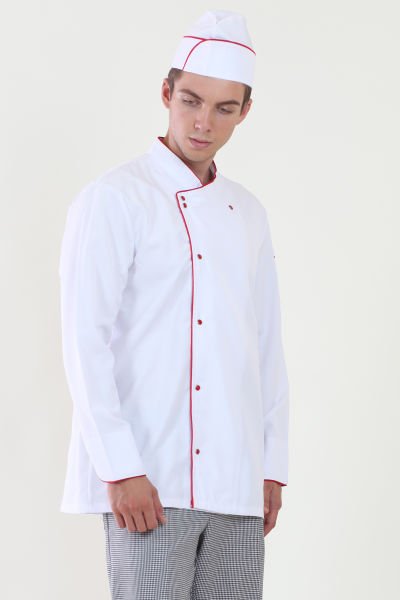Erkek Kırmızı Biyeli Beyaz Aşçı Ceketi L - Beyaz