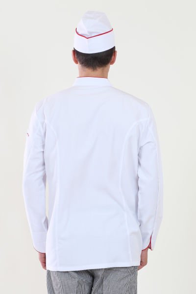 Erkek Kırmızı Biyeli Beyaz Aşçı Ceketi L - Beyaz