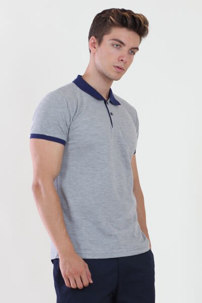 Polo Yaka Gri Melanj Tshirt Yaka Ve Kol Ribanası Lacivert S - Gri Melanj