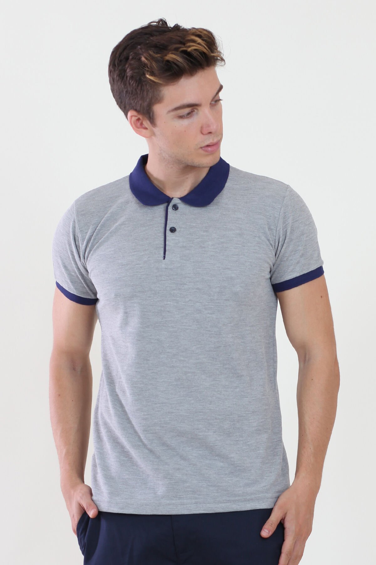 Polo Yaka Gri Melanj Tshirt Yaka Ve Kol Ribanası Lacivert S - Gri Melanj
