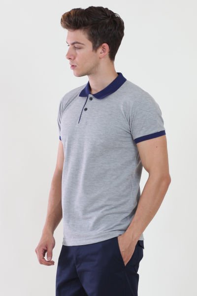 Polo Yaka Gri Melanj Tshirt Yaka Ve Kol Ribanası Lacivert L - Gri Melanj