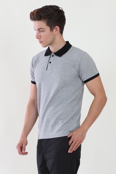 Polo Yaka Gri Melanj Tshirt Yaka Ve Kol Ribanası Siyah S - Gri Melanj