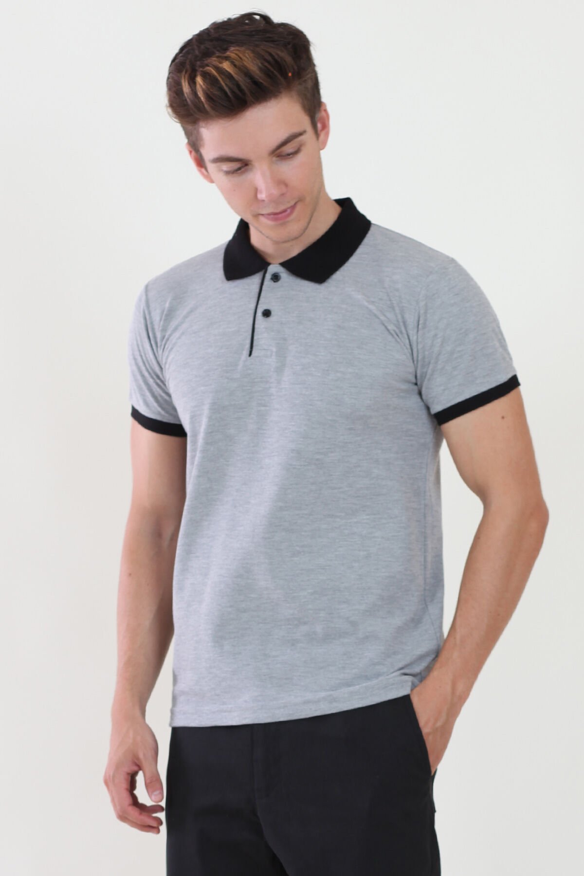 Polo Yaka Gri Melanj Tshirt Yaka Ve Kol Ribanası Siyah M - Gri Melanj