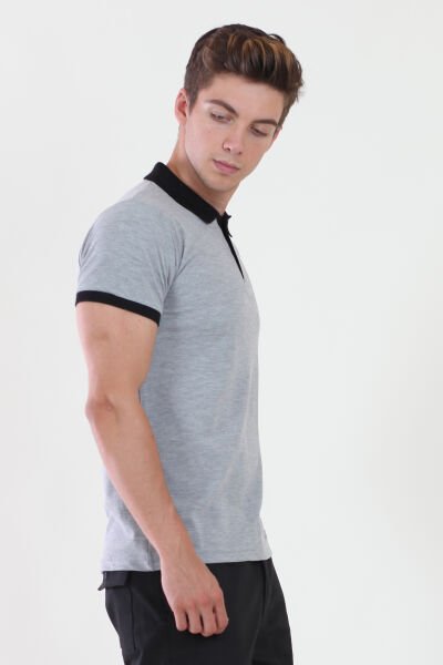 Polo Yaka Gri Melanj Tshirt Yaka Ve Kol Ribanası Siyah L - Gri Melanj
