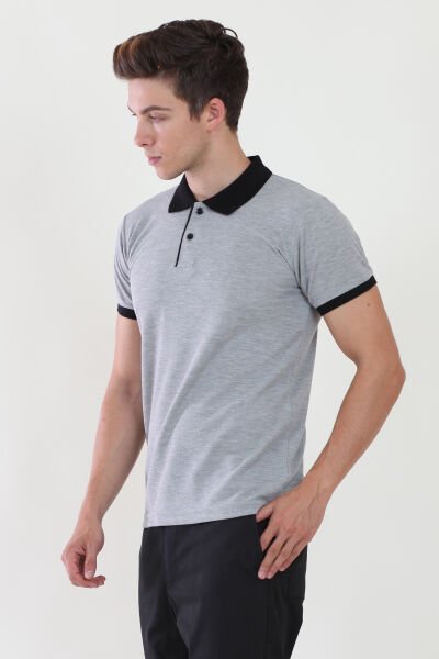Polo Yaka Gri Melanj Tshirt Yaka Ve Kol Ribanası Siyah L - Gri Melanj
