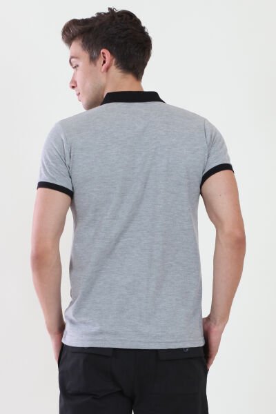 Polo Yaka Gri Melanj Tshirt Yaka Ve Kol Ribanası Siyah XL - Gri Melanj