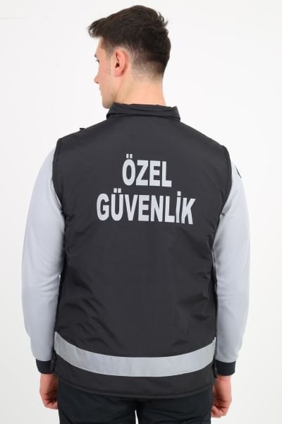Yeni Tip Güvenlik Erkek Kışlık İçi Kapitoneli Siyah Yelek (Armalı, Baskılı) 3XL