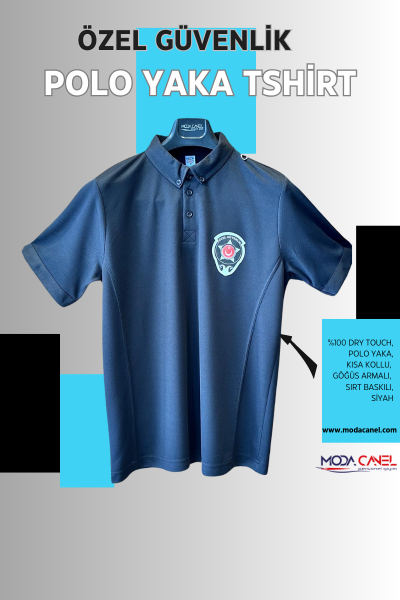 Siyah Polo Yaka Özel Güvenlik Baskılı Tshirt Kısa Kollu Göğüs Armalı (Drytouch)(Sırt Baskılı)