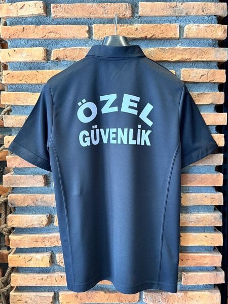 Siyah Polo Yaka Özel Güvenlik Baskılı Tshirt Kısa Kollu Göğüs Armalı (Drytouch)(Sırt Baskılı)