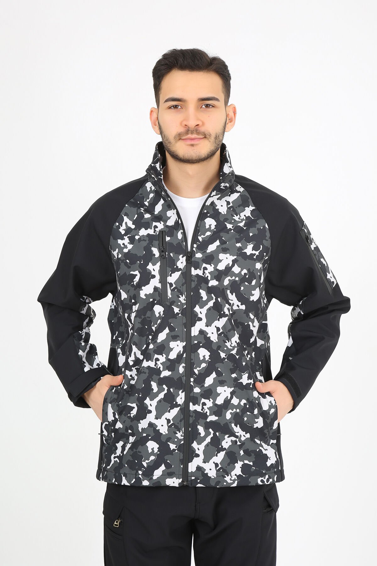 Softshell Kamuflaj Desenli Gri Siyah Mont Outdoor Mont