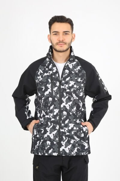 Softshell Kamuflaj Desenli Gri Siyah Mont Outdoor Mont