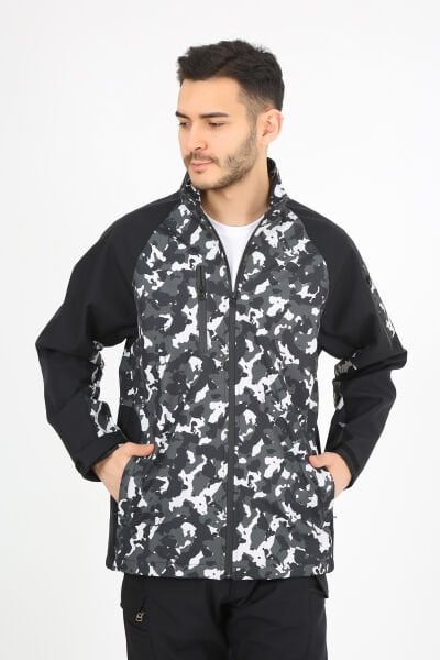 Softshell Kamuflaj Desenli Gri Siyah Mont Outdoor Mont