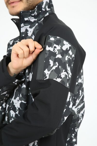Softshell Kamuflaj Desenli Gri Siyah Mont Outdoor Mont
