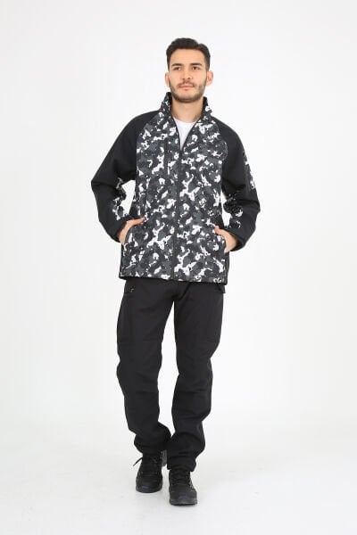 Softshell Kamuflaj Desenli Gri Siyah Mont Outdoor Mont