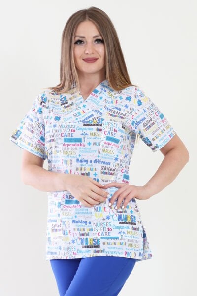 V Yaka Nurse Desenli Üst Ceket XL - Desenli