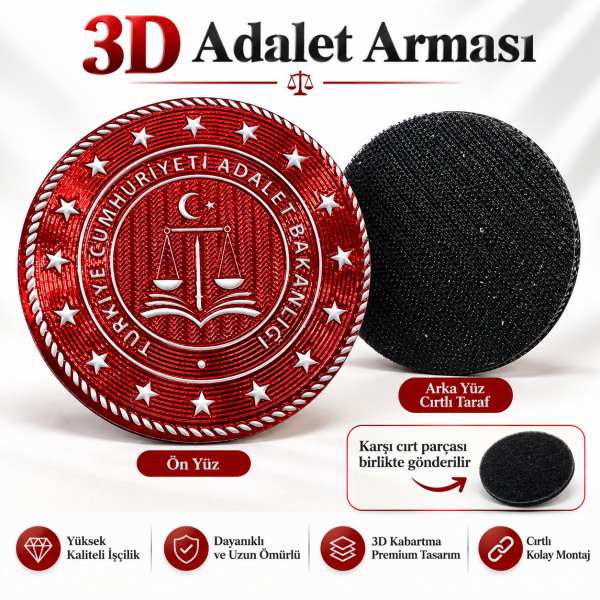 3D Kırmızı Adalet Bakanlığı Arması (Yuvarlak, 7*7, Arkası Cırtlı)