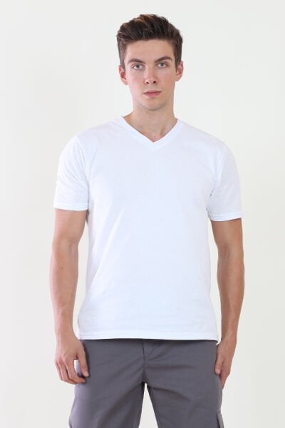 V Yaka Beyaz Tshirt M - Beyaz