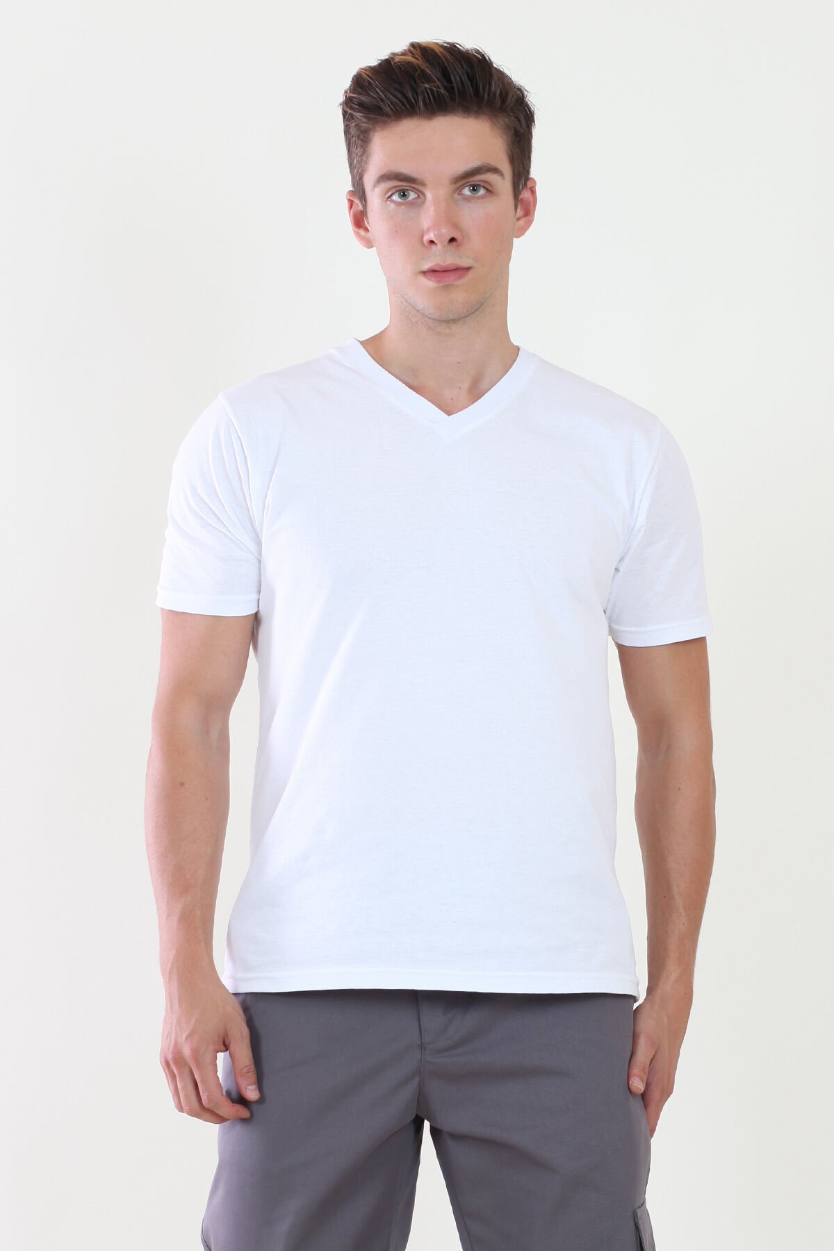 V Yaka Beyaz Tshirt L - Beyaz