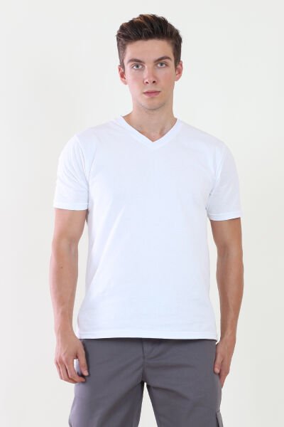 V Yaka Beyaz Tshirt L - Beyaz