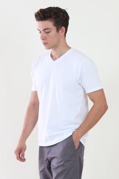 V Yaka Beyaz Tshirt XL - Beyaz
