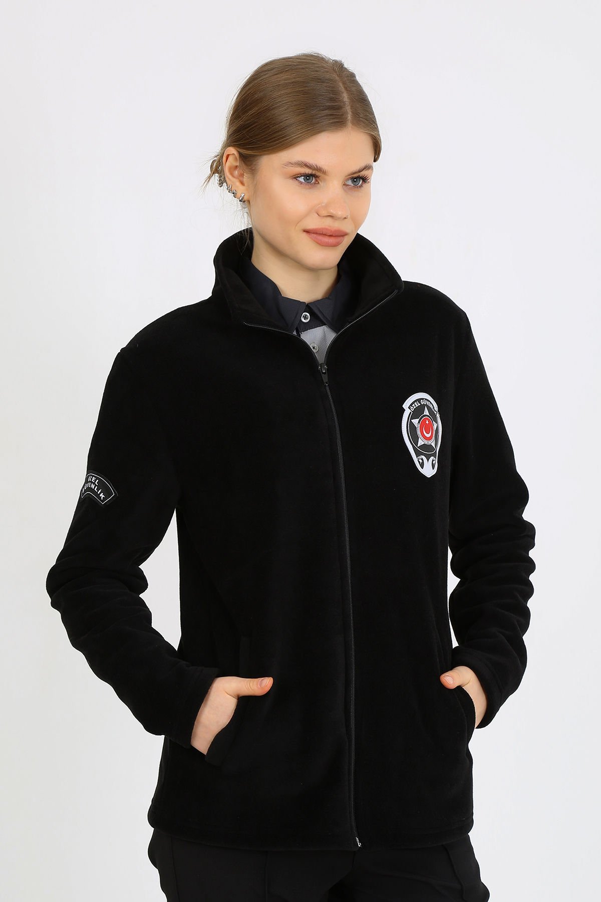 Güvenlik Nakışlı Bayan Siyah Polar Mont (Armalı)