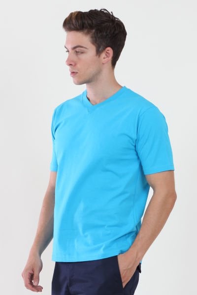 V Yaka Turkuaz Mavi Tshirt M - Turkuaz Mavi