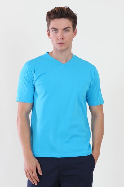 V Yaka Turkuaz Mavi Tshirt XL - Turkuaz Mavi