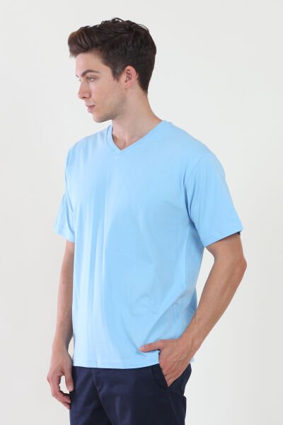 V Yaka Açık Mavi Tshirt M - Açık Mavi