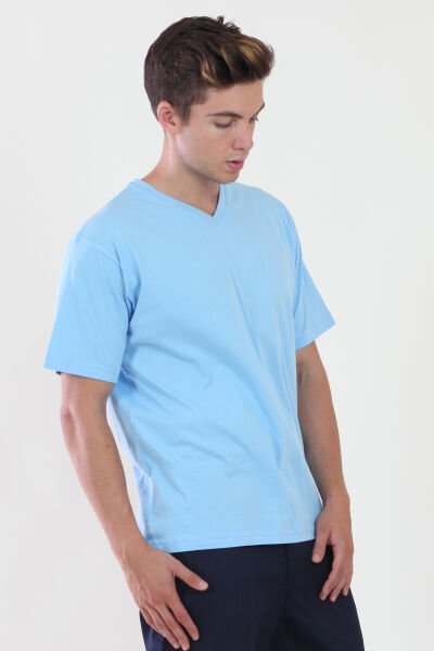 V Yaka Açık Mavi Tshirt L - Açık Mavi