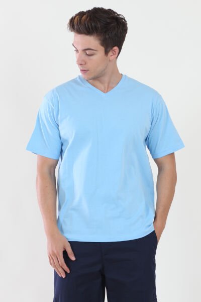 V Yaka Açık Mavi Tshirt XL - Açık Mavi