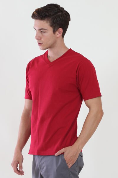 V Yaka Kırmızı Tshirt L - Kırmızı
