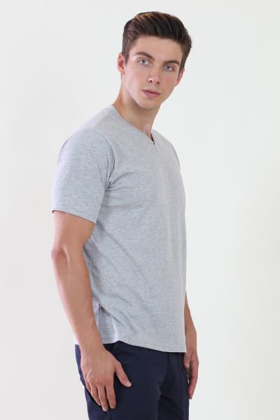 V Yaka Gri Melanj Tshirt S - Gri Melanj