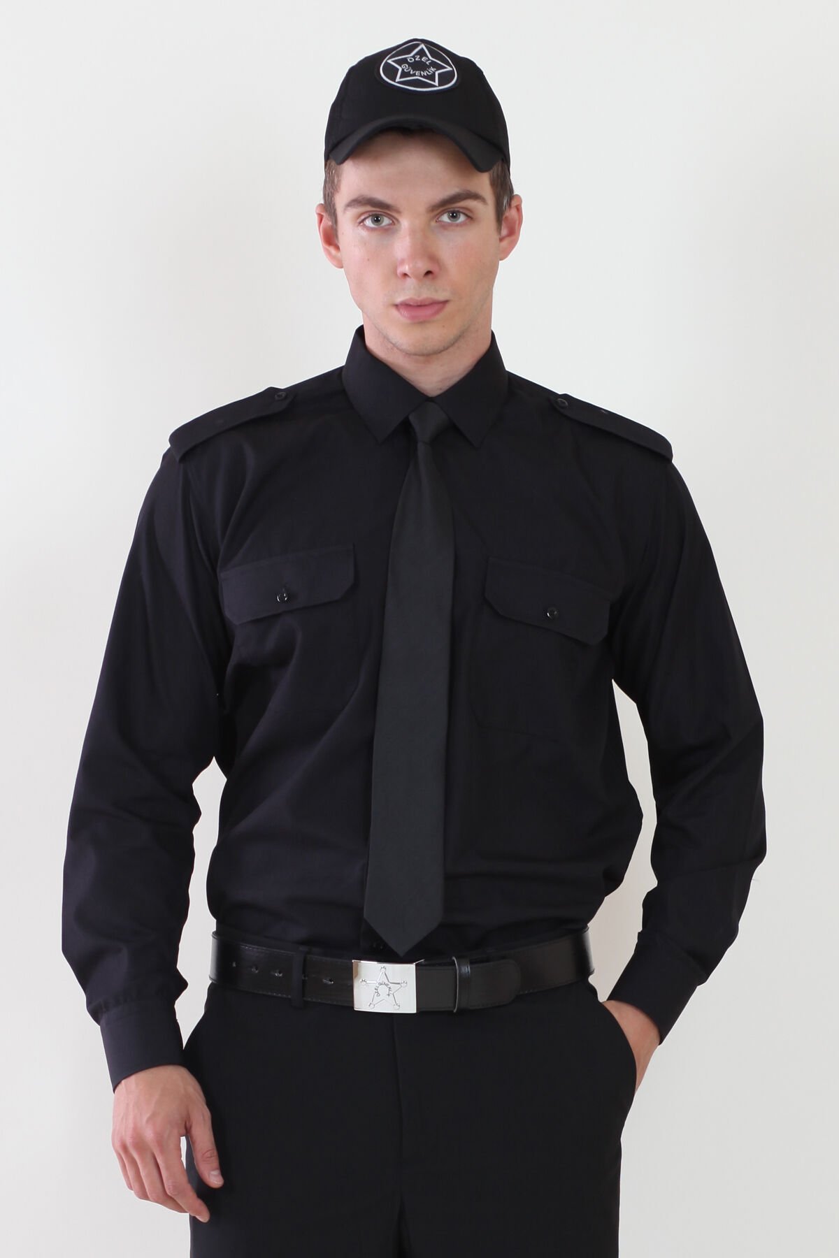 Erkek Kravat Yaka Siyah Güvenlik Gömlek XL - Siyah