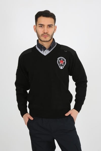 Erkek Siyah V Yaka Güvenlik Kazak L - Siyah