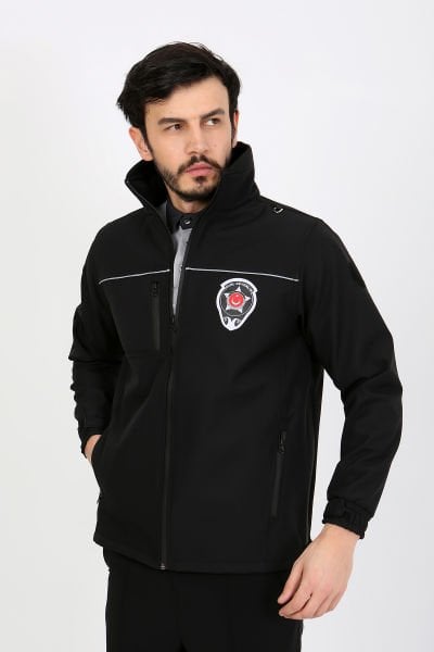 Siyah Softshell Özel Güvenlik Mont Unisex Kalıp (Reflektif Biyeli)(Slim Fit Kalıp)