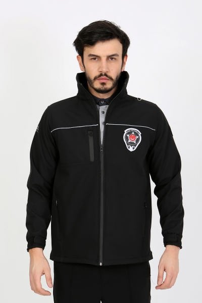 Siyah Softshell Özel Güvenlik Mont Unisex Kalıp (Reflektif Biyeli)(Slim Fit Kalıp)