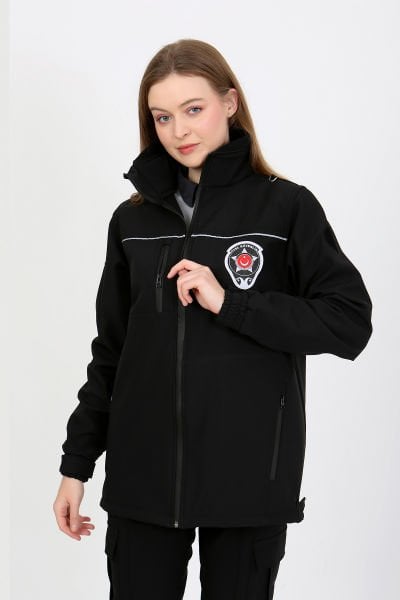 Siyah Softshell Özel Güvenlik Mont Unisex Kalıp (Reflektif Biyeli)(Slim Fit Kalıp)