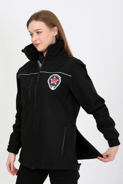 Siyah Softshell Özel Güvenlik Mont Unisex Kalıp (Reflektif Biyeli)(Slim Fit Kalıp)