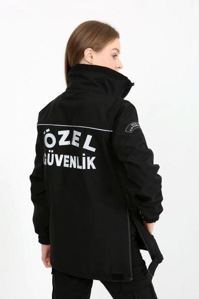 Siyah Softshell Özel Güvenlik Mont Unisex Kalıp (Reflektif Biyeli)(Slim Fit Kalıp)