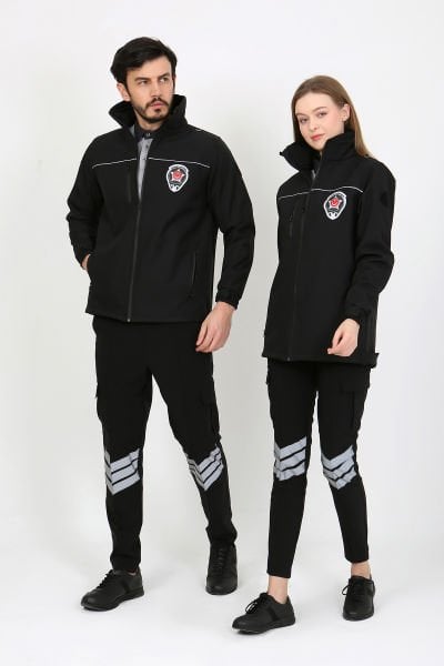 Siyah Softshell Özel Güvenlik Mont Unisex Kalıp (Reflektif Biyeli)(Slim Fit Kalıp)