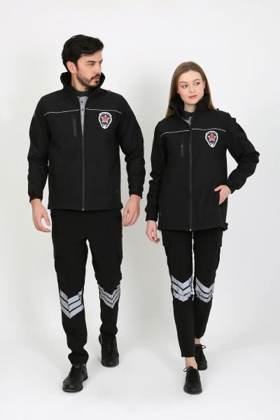 Siyah Softshell Özel Güvenlik Mont Unisex Kalıp (Reflektif Biyeli)(Slim Fit Kalıp)