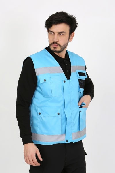 Turkuaz  Çok Cepli İkaz Fosforlu Reflektörlü Yelek (İçi Kapitoneli)