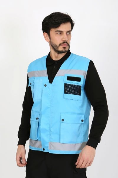 Turkuaz  Çok Cepli İkaz Fosforlu Reflektörlü Yelek (İçi Kapitoneli)