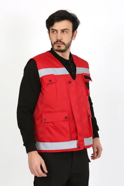 Kırmızı Çok Cepli İkaz Fosforlu Reflektörlü Yelek (İçi Kapitoneli)