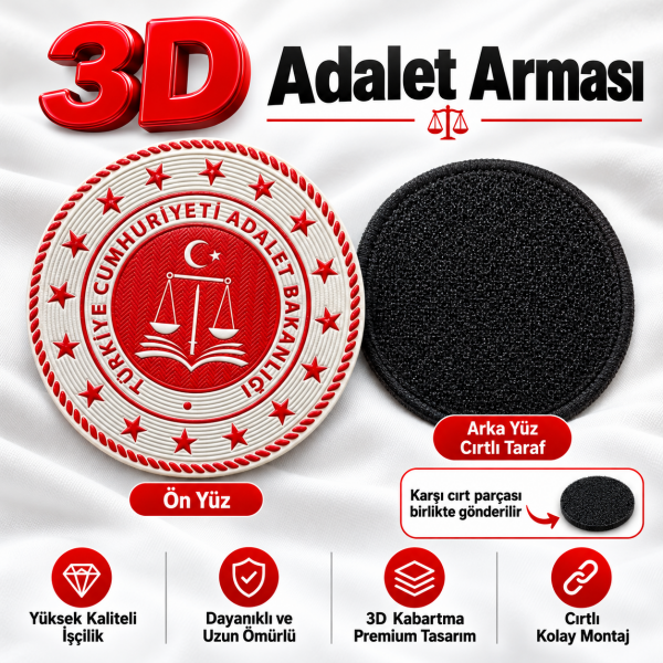 3D Beyaz Adalet Bakanlığı Arması (Yuvarlak, 7*7, Arkası Cırtlı)