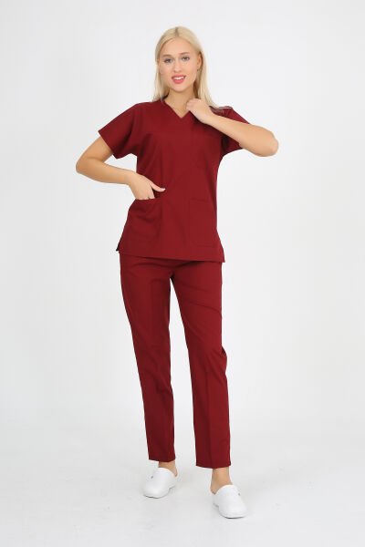 Doktor Hemşire Forması Bordo Scrubs Takım Terikoton Bordo - L