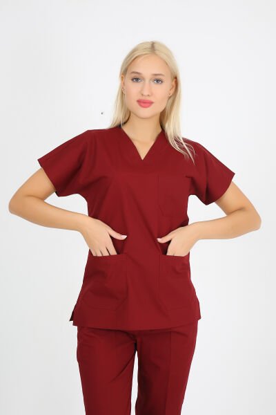 Doktor Hemşire Forması Bordo Scrubs Takım Terikoton Bordo - L