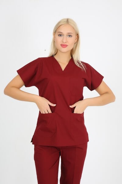 Doktor Hemşire Forması Bordo Scrubs Takım Terikoton Bordo - XL